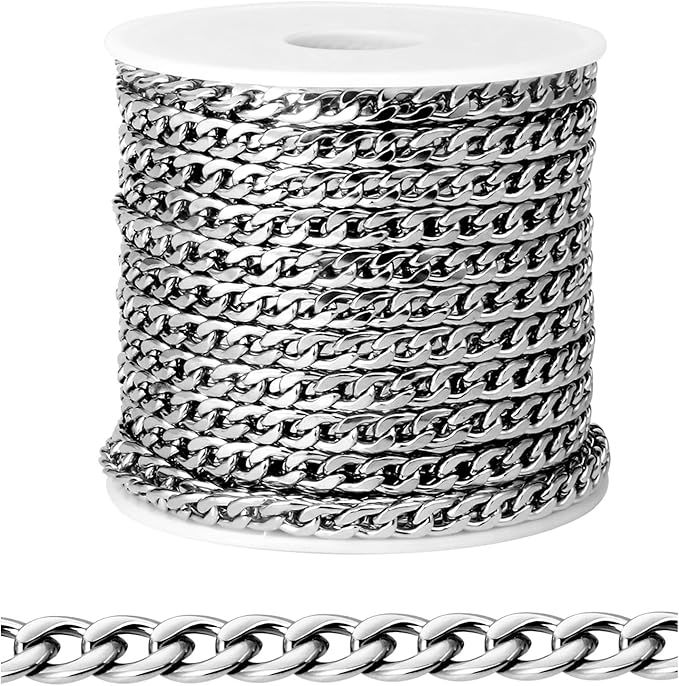 [33FT] Stainless Steel Curb Chains for Jewelry Making, 4.5mm Wide 304 Stainless Steel Cuban Link Chain Roll Bulk for DIY Jewelry Making Craft