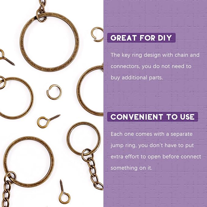 Swpeet 300Pcs Bronze Flat Key Chain Rings Kit, 100Pcs Keychain Rings with Chain and 100Pcs Jump Ring with 100Pcs Screw Eye Pins Bulk for Jewelry Findings Making - 4/5 Inch, 1 Inch, 6/5 Inch, 7/5 Inch