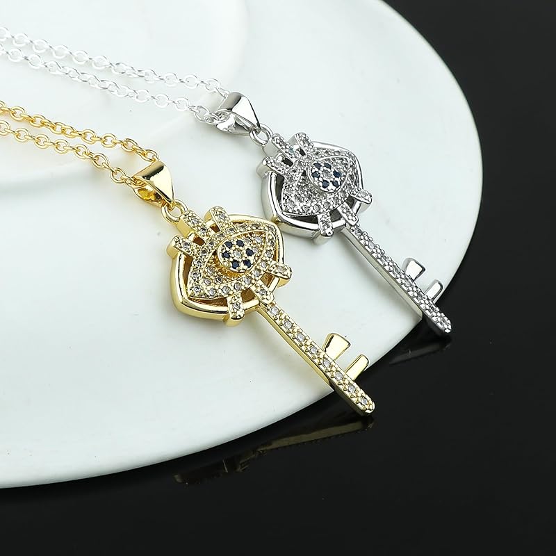 JOR Key with CZ Charm Pendant Necklace, Bonding Charm, Men & Women Unisex Jewelry, Dainty Gold & Silver Plated Chain Combo 18 inch (Pack of 2)