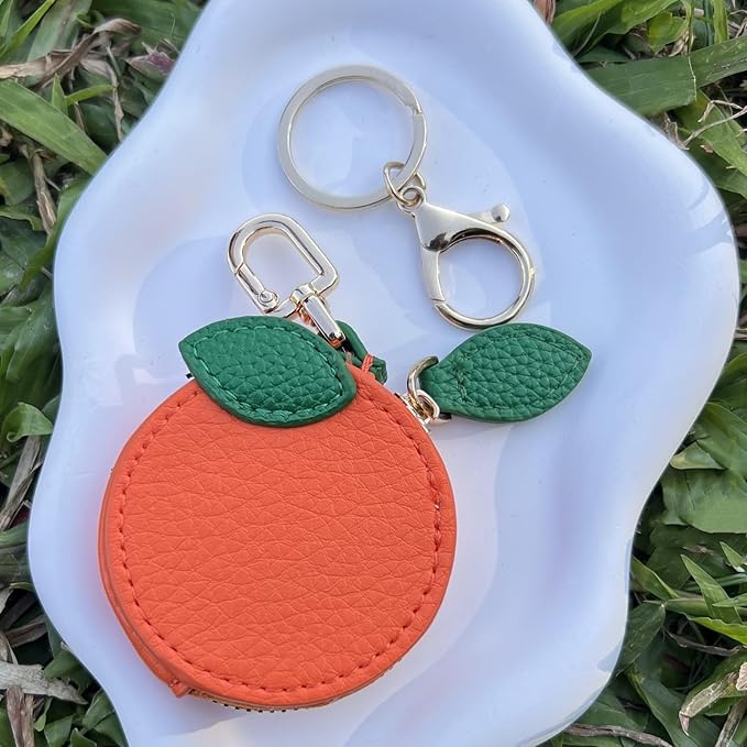 Cute Orange Fruit Coin Purse Keychain – Kawaii Mini Leather Zipper Pouch Bag Charm with Leaf for Women & Girls, Perfect Holiday Gift, Stocking Stuffer, Birthday Party Favor
