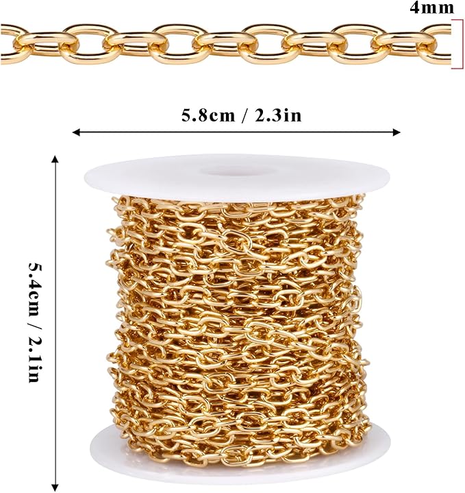 33 Feet Gold Rolo Cable Chains Roll, 4 MM Gold Plated Aluminium Oval Cable O Links Chain Bulk Spool for Jewelry Making DIY Craft