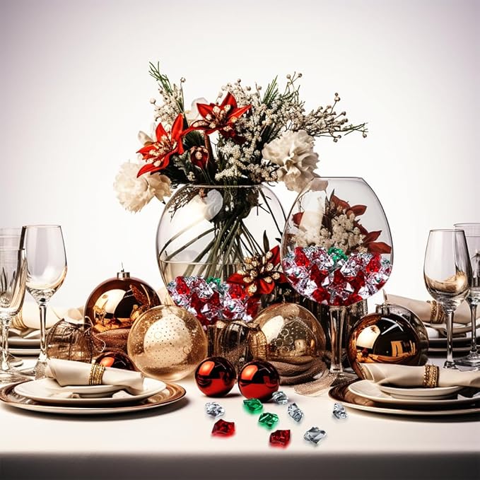HappyFiller Christmas Decoration 14OZ Fake Ice Rocks Cubes Acrylic Gems Stones,Table Scatters, Photography Props Vase Fillers,Wedding,Crafts,Home Centerpieces,Candle Holder,Red,Green,Clear Mix