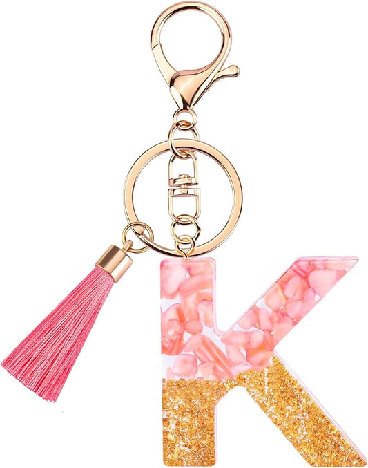 Suweibuke Cute Pink Key Chains for Women Girls, Initial Letter Keychains with Tassel, Charms for Key Purse Handbags Backpacks