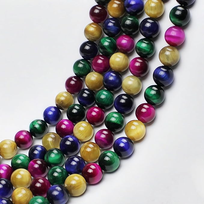 MJDCB Stone Beads 10mm 35pcs Round Mixed Color Tiger's Eye Loose Gemstone Bead Charms for Jewelry Making Bracelet Necklace Earring Pendant