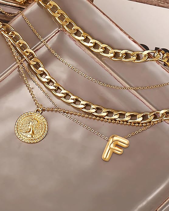MJartoria Layered Necklaces for Women Trendy Balloon Initial Coin Pendant Necklace Dainty Chunky Chain Choker Necklaces Jewelry Birthday Gifts