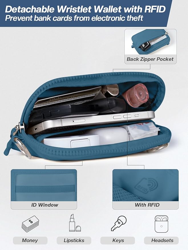 Clip and Go Strap for Phone with Wallet Crossbody Phone Lanyard Adjustable and Detachable RFID Wristlet Wallet with ID Window and Zipper, Peacock Blue Large