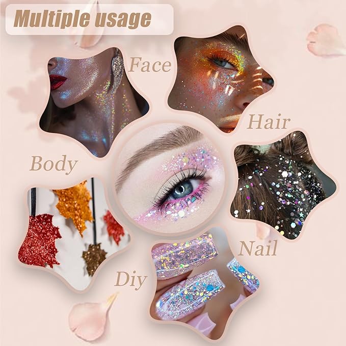 Face Body Glitter, Hair Glitter Sparkles Chunky Face Glitter Gel for Girls Makeup Singer Concerts Mermaid Festival Sequins Face Paint (White+Silver+Pink)