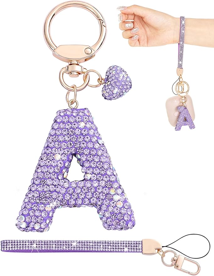 Initial Keychain for Women Girls,Bling Letter Key chain Initial with Heart,Pink Keychain Charms for Backpack Handbag