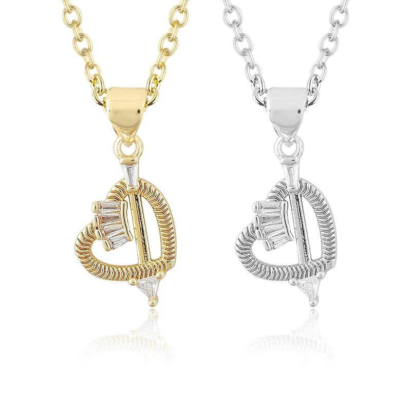 JOR Cross Heart Charm with CZ Pendant Necklace, Love, Feeling Charm, Women Jewelry, Dainty Gold & Silver Plated Combo Chain 18 inch (Pack of 2)
