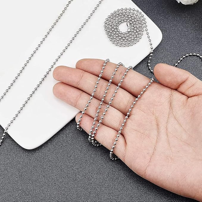 Ball Bead Chain Stainless Steel 36 Feet, Silver Metal #3 Bead Chain with 50pcs Connectors Clasps, Dog Tag Necklace Key Chains for Making DIY Crafts, 2.4mm Ball, 1 Roll 11 Meters