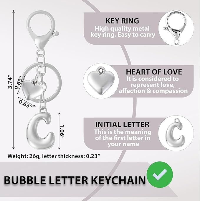 Heart Bubble Letter Keychain for Women, Girls - Cute Keychain with Initial - Alphabet Keychain for Bag Charm, Handbag