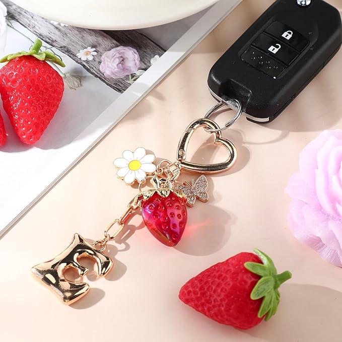 Strawberry Initial Keychain for Women-Cute Kawaii Gold Alphabet Bag Charms, Key chain Gift for Purse Handbag