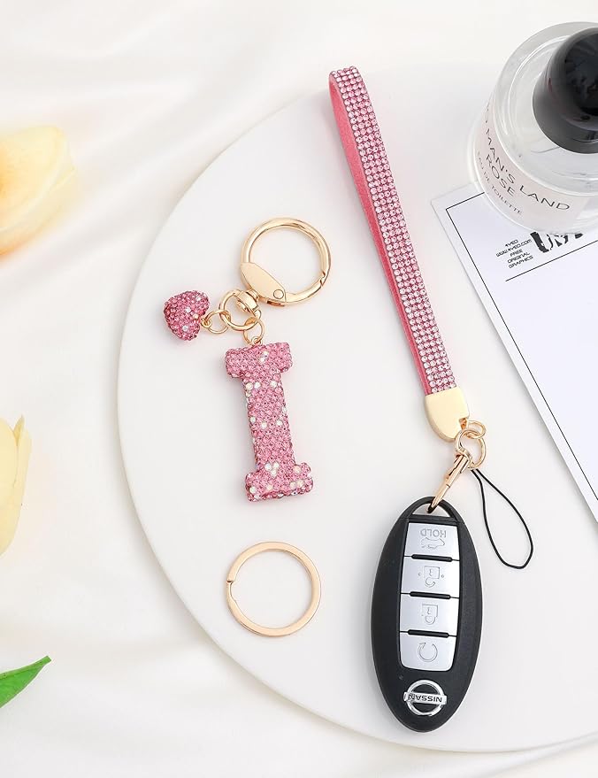Initial Keychain for Women Girls,Bling Letter Key chain Initial with Heart,Pink Keychain Charms for Backpack Handbag