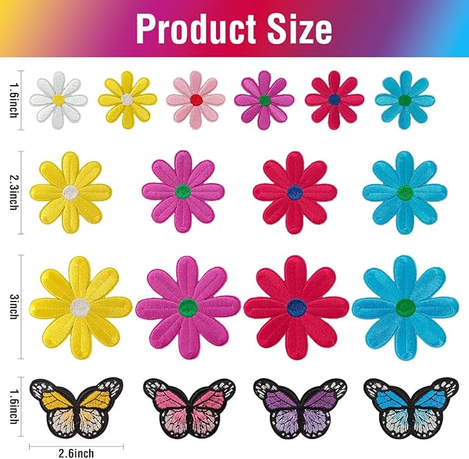 WILDREEDS 24 Pieces Colorful Daisy Flower Butterfly Iron on Patches, Iron Flower Embroidered Patch for Clothing, T-Shirt, Backpacks, Hats, Jeans, Jackets