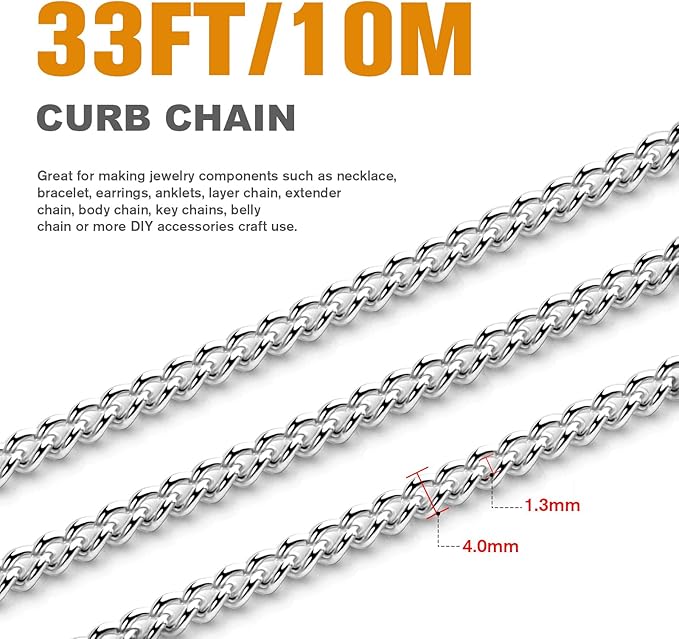 33FT Stainless Steel Curb Chain Roll, 4mm 304 Stainless Steel Flat Twisted Links Curb Chains Bulk Spool for Jewelry Making Necklace DIY Craft