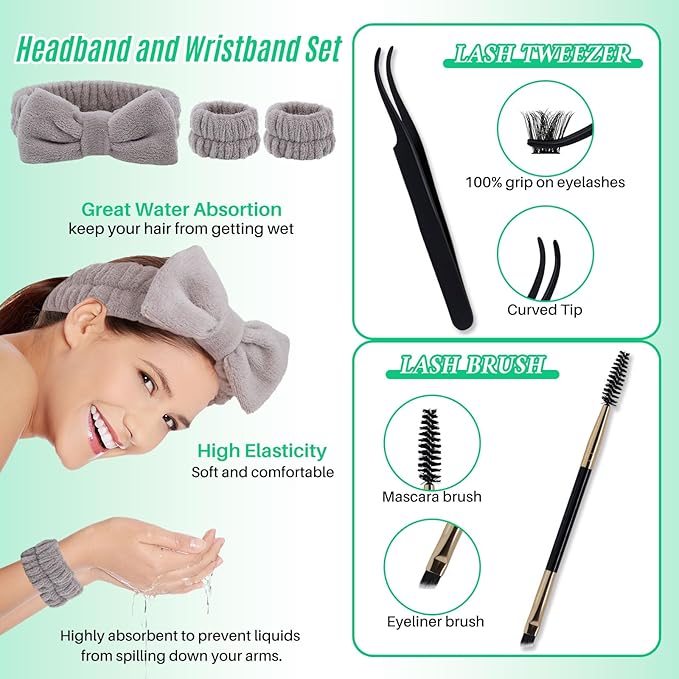 Lash Clusters Kit Wispy Eyelash Clusters Kit Lashes Clusters Kit Cluster Eyelash Extensions Lash Extension Kit+Lash Bond and Seal,Remover,Tweezers,Mascara Brush,Headband,Wristband*2(7 Boxes Kit-3)