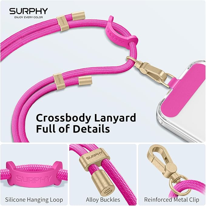 SURPHY Phone Lanyard Crossbody, Adjustable Cell Phone Lanyard with 2 Pack Phone Tether Tab, Two-Color Braided Phone Strap (Hot Pink)