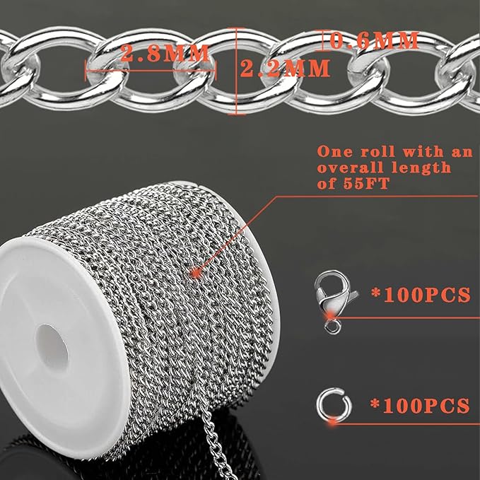 55ft Silver Stainless Steel Curb Chain for Jewelry Making,Twisted Link Chains with Spool for Necklace Bracelet,100 Pcs Jump Rings and Lobster Clasps DIY Supplies for Dog Tag,Keychain(2.8x2.2x0.6mm)