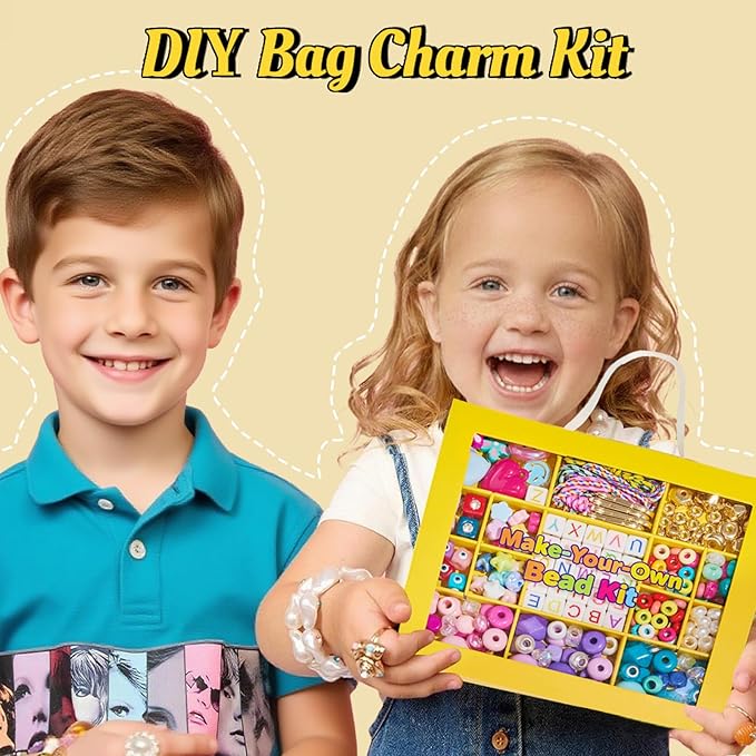 HolidayQbee DIY Bead Keychain Making Kit for Kids Beaded Bag Charm Kit Alphabet Beads Muti-Colorful Heart Pony Bead for Key Chain Making Kit Bag Charm Making Kit Gifts for Boy Girls