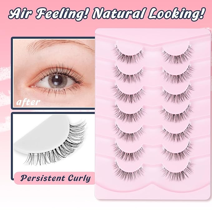 Siligli Eyelashes Natural False Lashes 14mm Eye Lashes with Thin Band 3D Volume Fake Eyelashes C Curl Wispy Lashes Natural Look 7 Pair