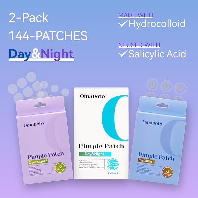 OmaDoto Day & Night Invisible Pimple Patches - (10mm & 12mm | 144 Count | 12 Sheets) - 2-in-1 Hydrocolloid Blemish Cover with Salicylic Acid, Absorbent & Protective Zit Stickers for Face