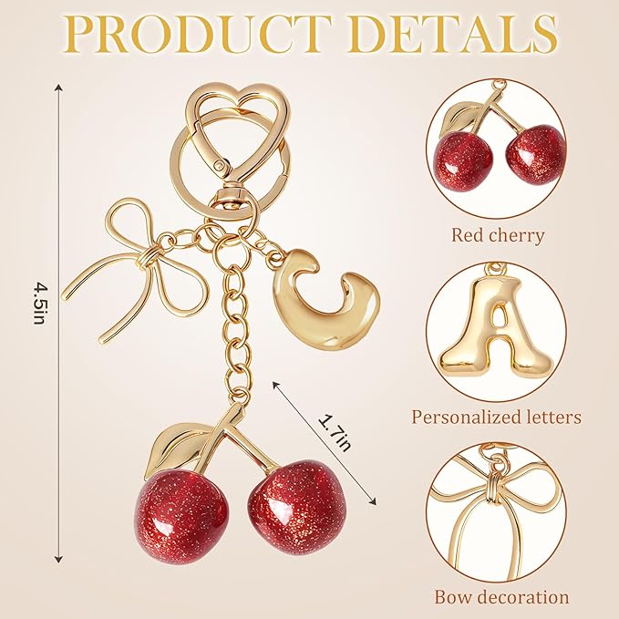 Snycler Bubble Initial Keychain with Cherry & Bow - Gold Letter Bag Charms for Women, Cute Purse Handbag Accessories