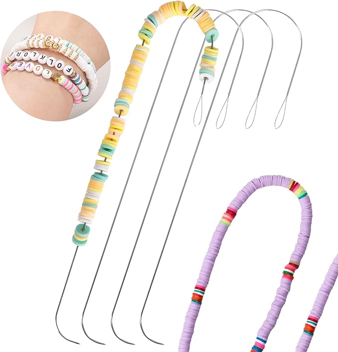 PP OPOUNT 4 Pieces Large Eye Curved Beading Needles with Handle, 5.3 inch Stainless Bead Needle for Bead Spinner Loader, Bead Spinner Needles for String Seed Beads Jewelry Making (Patent Protection)