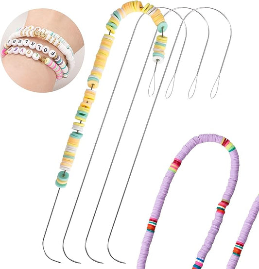 PP OPOUNT 4 Pieces Large Eye Curved Beading Needles with Handle, 5.3 inch Stainless Bead Needle for Bead Spinner Loader, Bead Spinner Needles for String Seed Beads Jewelry Making (Patent Protection)