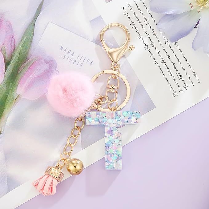 Resin Alphabet Initial Letter Keychain Keyring for Women Purse Handbags With Fur Ball Pom