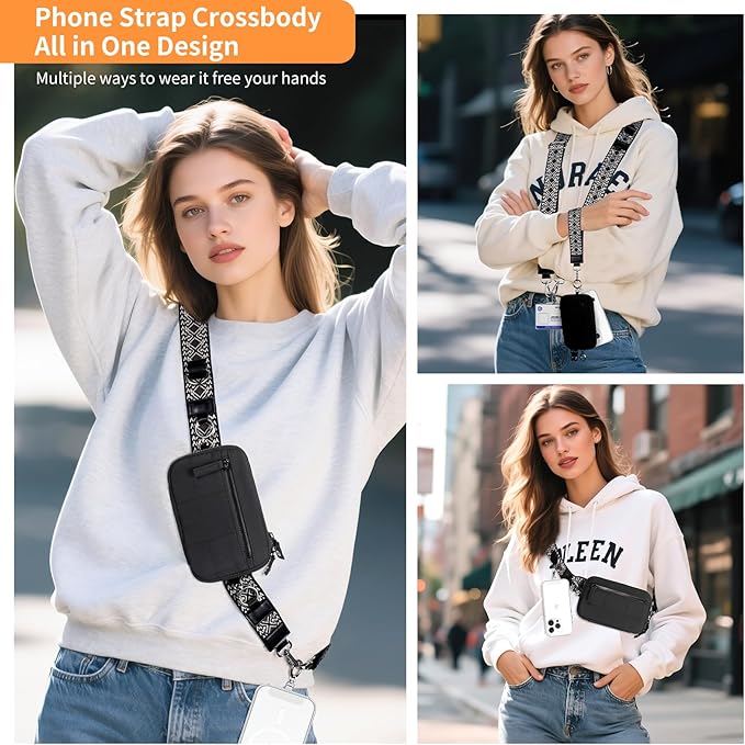 Clip and Go Strap for Phone with Wallet Crossbody Phone Lanyard with Anti-Theft Zipper Pouch Detachable Quilted Wrist Wallet with RFID and ID Window for Daily Travel.