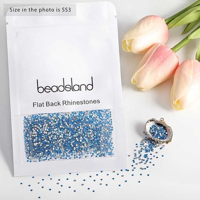 beadsland Flat Back Crystal Rhinestones Round Gems for Nail Art and Craft Glue Fix,Capri Blue (1.3-1.4mm) SS3/1440pcs