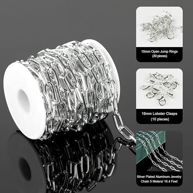 16.4 Feet Paperclip Chains for Jewelry Making Light Silver Plated Aluminum Chain Roll Hip-pop Rapper Necklace Choker Chain DIY Jewelry Supplies