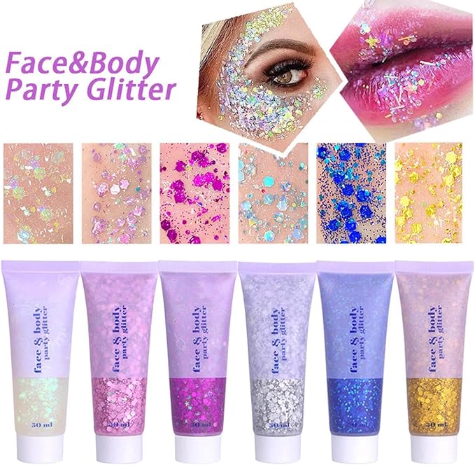 MEICOLY Silver Body Glitter,Chunky Silver Face Hair Mardi Gras Glitter,Halloween Silver Glitter Makeup,Sparkle Face Paint for Women and Kids,Music Festival Party Outfits for Women Accessories