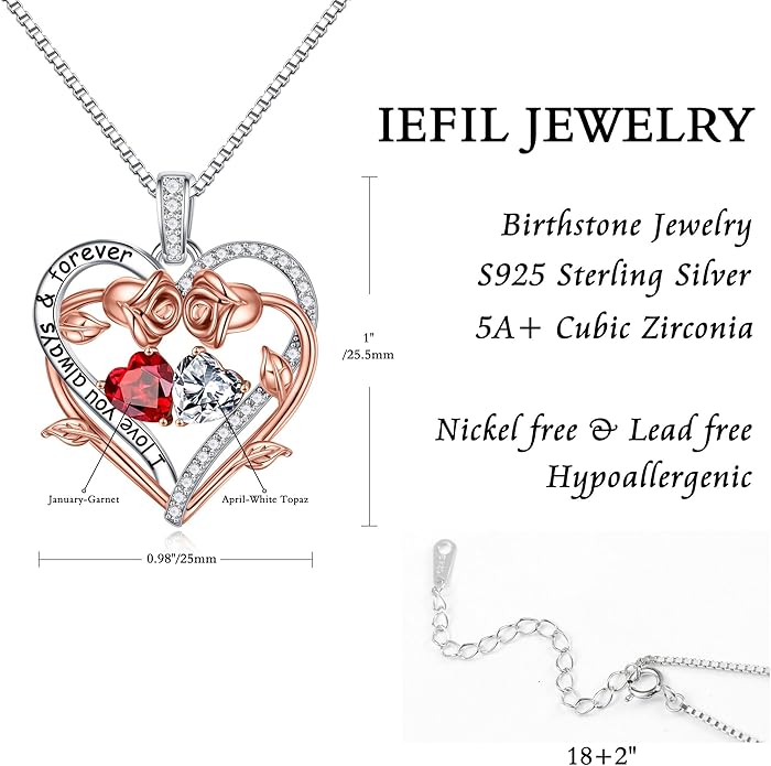 Iefil Valentines Gifts for Her Wife Women - Rose Heart Double Birthstone Necklace Gift for Wife Girlfriend Her Women, Birthstone Jewelry Gemstone Birthday Gifts for Mom Grandma Her