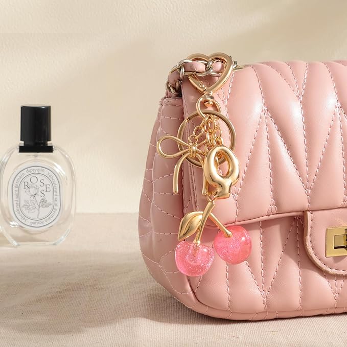 Snycler Bubble Initial Keychain with Cherry & Bow - Gold Letter Bag Charms for Women, Cute Purse Handbag Accessories