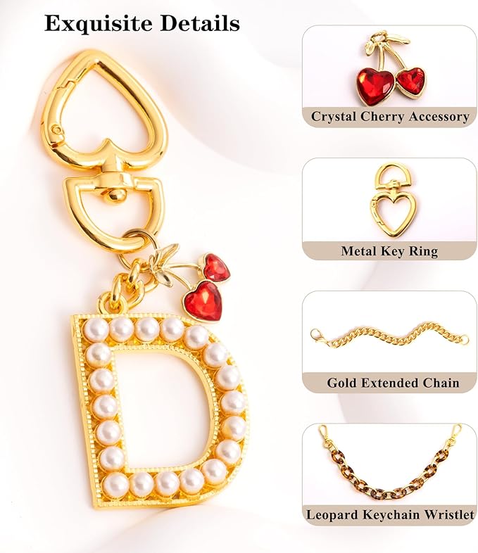 Pearl Initial Keychain with Leopard Bag Charms Wallet Chain Women Cute Alphabet Keychains Charm for Purse Handbag