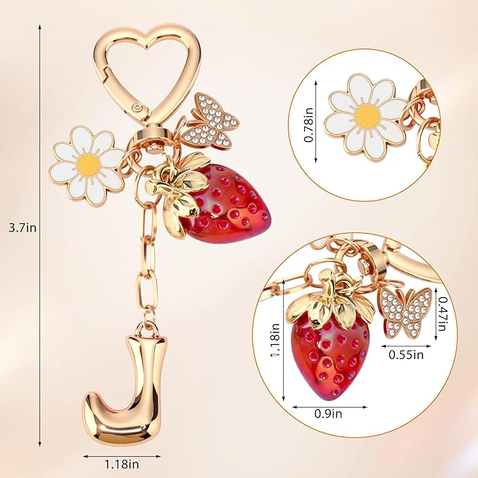 Strawberry Initial Keychain for Women-Cute Kawaii Gold Alphabet Bag Charms, Key chain Gift for Purse Handbag