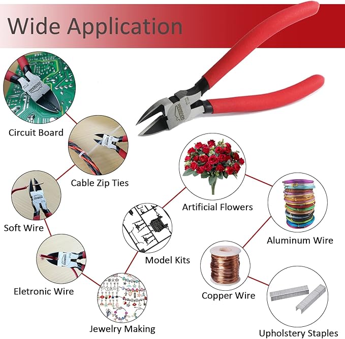 6 inch Side Cutter - Diagonal and Spring Loaded Wire Cutters with Non-slip Red Handle, Ideal for Jewelry, Crafting, Zip Tie, Heavy Duty,1 Pack