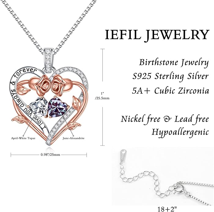 Iefil Valentines Gifts for Her Wife Women - Rose Heart Double Birthstone Necklace Gift for Wife Girlfriend Her Women, Birthstone Jewelry Gemstone Birthday Gifts for Mom Grandma Her