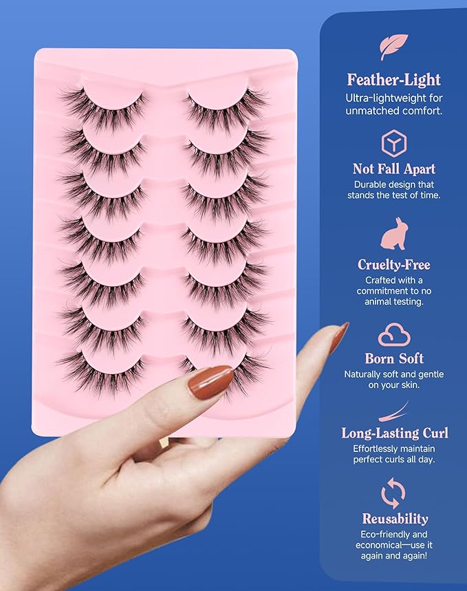ENFOO Lashes Natural Wispy Strip Eyelashes Natural Look Flared False Eye Lashes Soft Lash Fluffy Cat Eyelash 7 Pairs Everyday D05