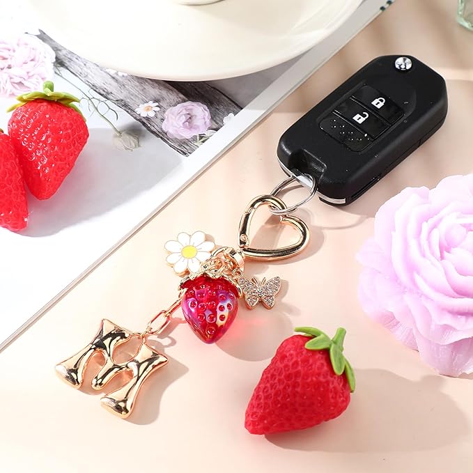 Strawberry Initial Keychain for Women-Cute Kawaii Gold Alphabet Bag Charms, Key chain Gift for Purse Handbag
