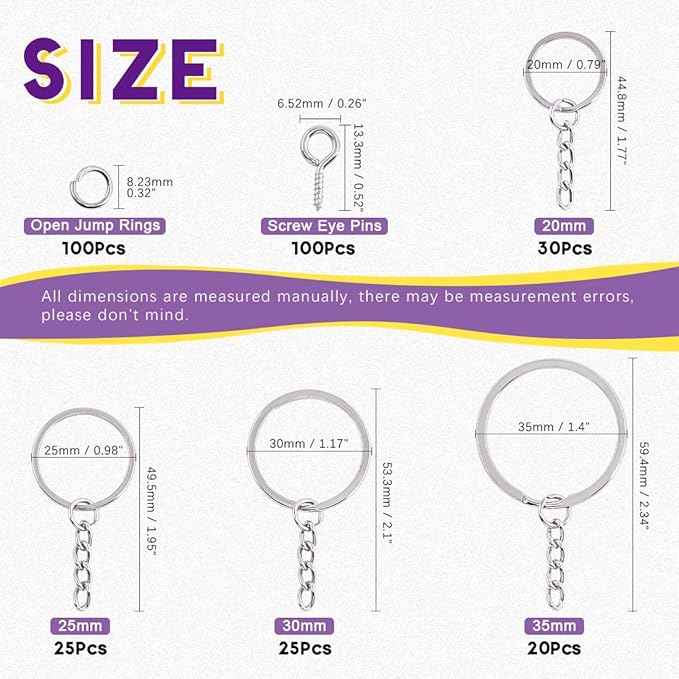 Swpeet 300Pcs Sliver Flat Key Chain Rings Kit, 100Pcs Keychain Rings with Chain and 100Pcs Jump Ring with 100Pcs Screw Eye Pins Bulk for Jewelry Findings Making - 4/5 Inch, 1 Inch, 6/5 Inch, 7/5 Inch