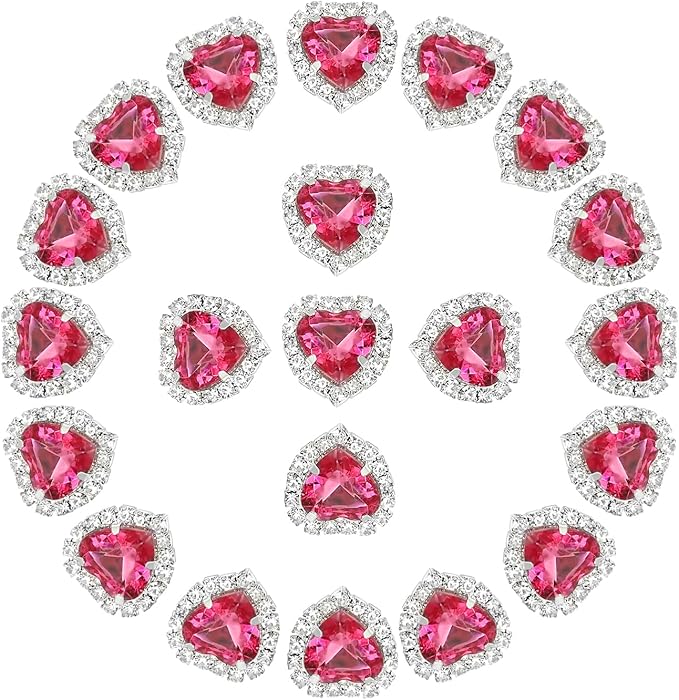 PATIKIL 30PCS Heart Rhinestones, Sew on Rhinestones Buttons Crystal Heart Nail Charm Embellishment Flatback Diamond for Sewing DIY Clothing Wedding, Dark Pink