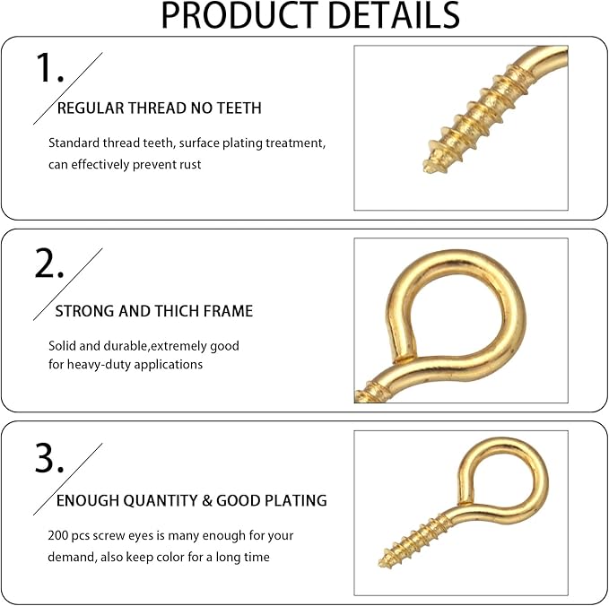 0.55inch/7X14mm Screw Eye Pins for Jewelry Making Eyepins Hook Eyelets Screw Threaded Gold Tone Clasps Hooks for DIY Jewelry Making 200 pcs/lot