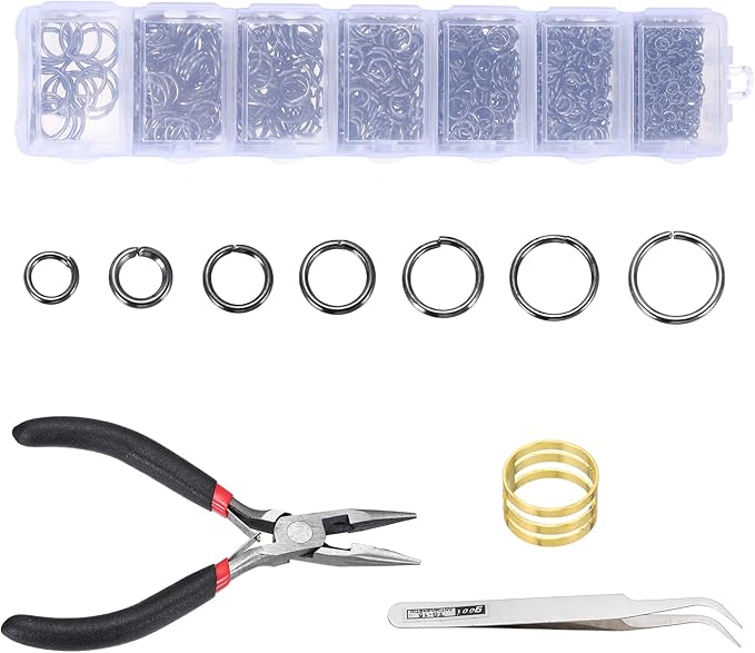 MECCANIXITY 1170Pcs Jump Rings for Jewelry Making, 7 Sizes Jewelry Making Kit with Jump Ring Opener & Pliers for Keychains Earings Repairing DIY Crafting Black