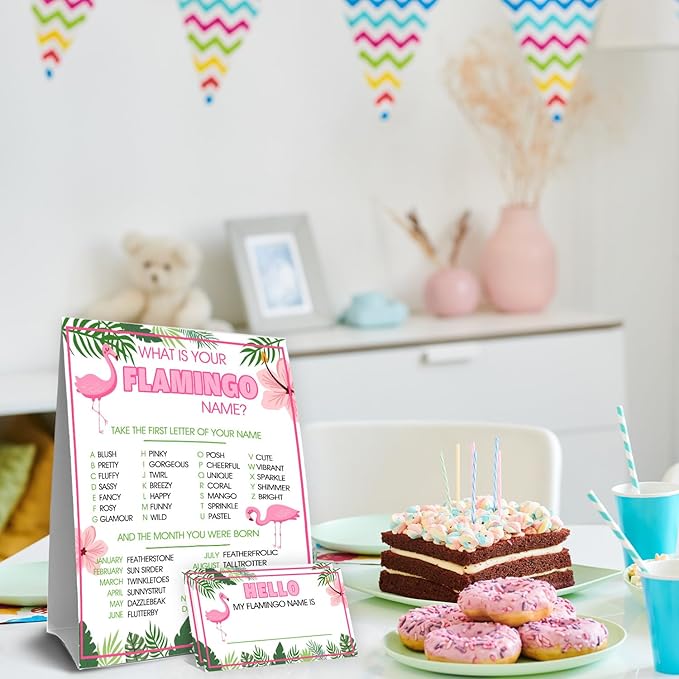 Flamingo Birthday Decorations, Flamingoes Theme Party Sign for Boys Girls,Kids Activity Cards, What's Your Flamingo Name Game, Activity Supplies