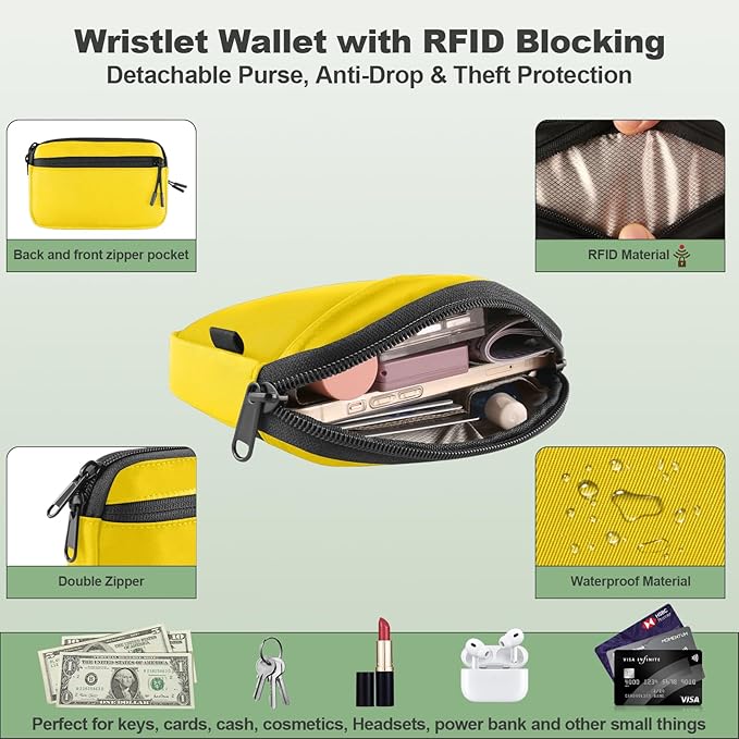 Clip and Go Strap for Phone with Wallet Crossbody, Adjustable Phone Lanyard with Detachable RFID Wristlet Wallet & Ultra-Thin 360° Rotatable Metal Tabs for All Smartphones (Yellow)