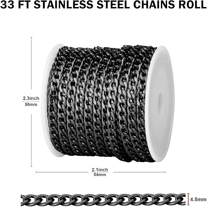 [33FT] Gunmetal Stainless Steel Curb Chains for Jewelry Making, 4.5mm Wide 304 Stainless Steel Cuban Link Chain Roll Bulk for DIY Jewelry Making Craft