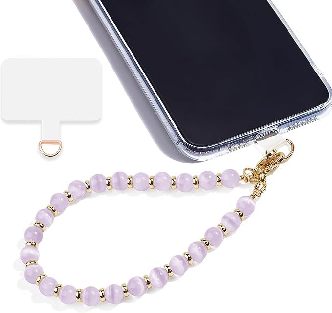 Marble Beaded Phone Wrist Strap,Detachable Phone Bracelet Strap with Tether Tab,Hands-Free Wristlet Strap (Light Purple Cat's Eye)