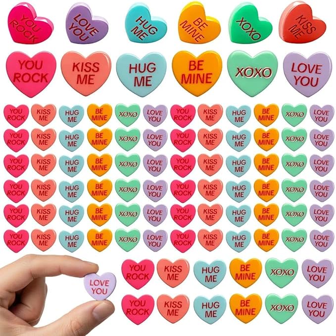 60 Pcs Conversation Mini Heart Charms Flatback, 1-Inch Resin Flatback Hearts with 6 Sweet Sayings for Valentines Day DIY Crafts, Slime Making and Scrapbooking
